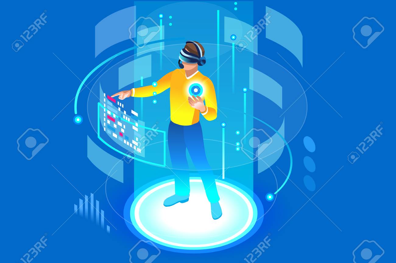 Into the future, isometric man wearing technology and touching virtual reality, augmented vr. Gadget interface for entertainment, device for virtual payment or online transaction. Vector illustration. - 103937261 Into the future, isometric man wearing technology and touching virtual reality, augmented vr. Gadget interface for entertainment, device for virtual payment or online transaction. Vector illustration. - 103937261