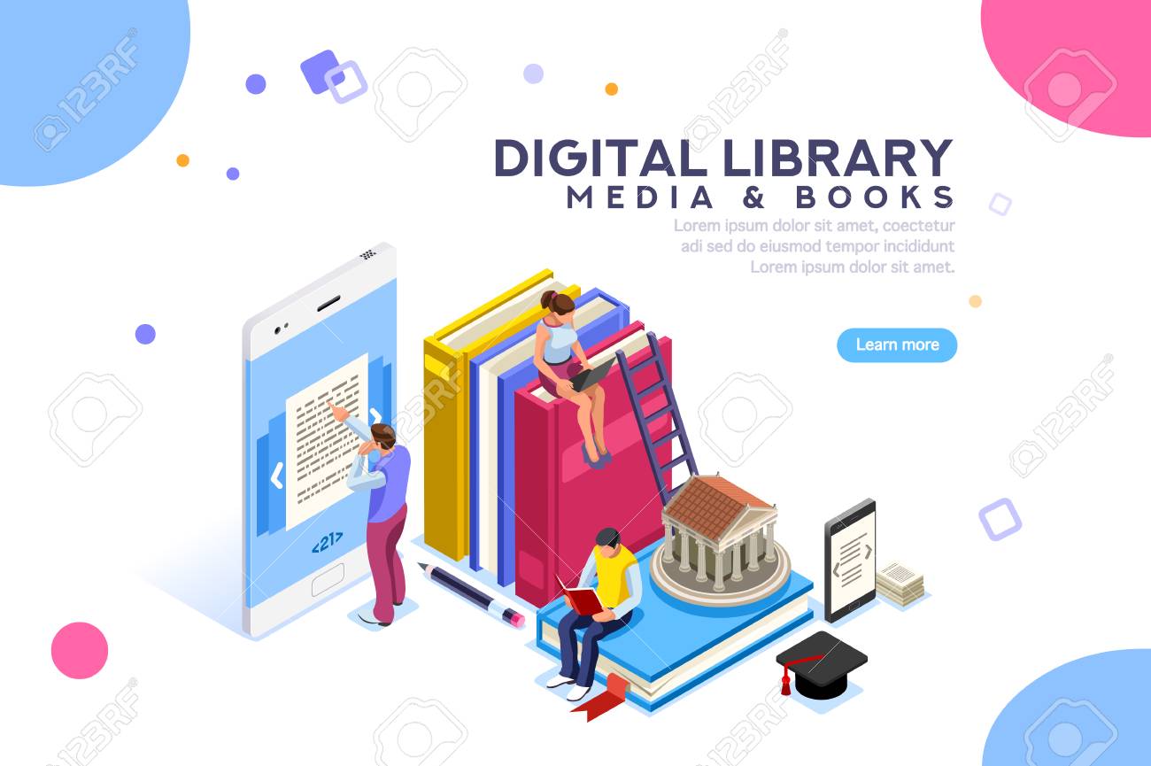 Encyclopedia, media book library, concept of culture. Characters, group of students at academic learning, reading an e-book. Can use for banner infographics. Flat isometric illustration school images. - 103781286 Encyclopedia, media book library, concept of culture. Characters, group of students at academic learning, reading an e-book. Can use for banner infographics. Flat isometric illustration school images. - 103781286