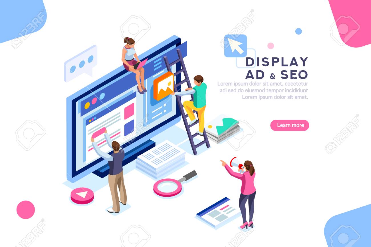Coding people team work together. Seo optimization for target searching process. Pay click social content development tool. Flat Isometric characters vector illustration. Display campaign. - 104187700 Coding people team work together. Seo optimization for target searching process. Pay click social content development tool. Flat Isometric characters vector illustration. Display campaign. - 104187700