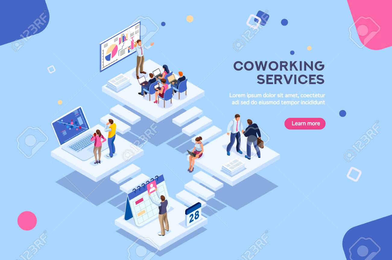 Coworkers office concept with characters. Freelancer concept, coworking people, ceo business workspace for creative businesswoman. Standing employee space for businessmen. Flat Isometric illustration. - 115034808 Coworkers office concept with characters. Freelancer concept, coworking people, ceo business workspace for creative businesswoman. Standing employee space for businessmen. Flat Isometric illustration. - 115034808