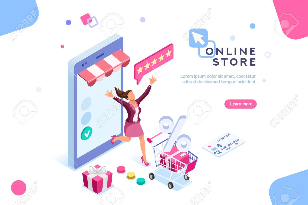E-shop, shopping concept with characters. Commercial checkout pay, ecommerce retail on device for customer application. Discount for woman smart purchasing. Flat Isometric characters illustration. - 104285065 E-shop, shopping concept with characters. Commercial checkout pay, ecommerce retail on device for customer application. Discount for woman smart purchasing. Flat Isometric characters illustration. - 104285065