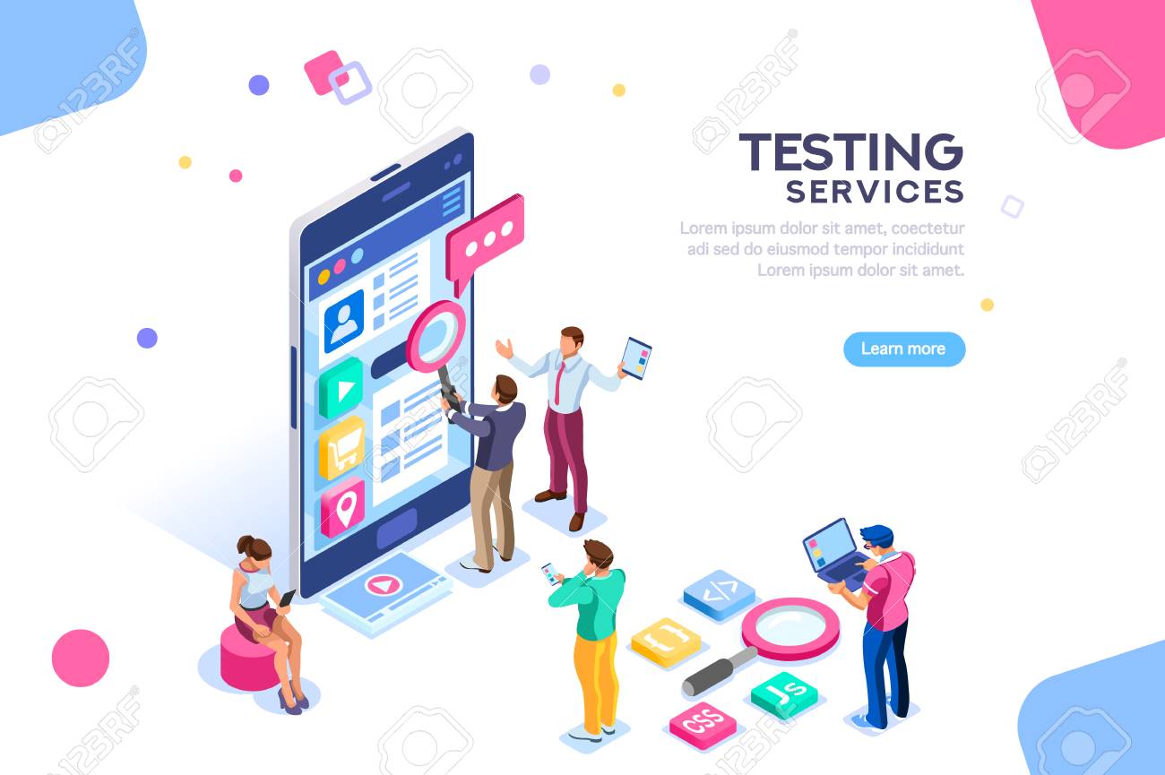 Testing process, coding team on software infographics. UX for smartphone, teamwork on device, content programming for seo. Flat isometric characters and text for designer content place. - 105923596 Testing process, coding team on software infographics. UX for smartphone, teamwork on device, content programming for seo. Flat isometric characters and text for designer content place. - 105923596