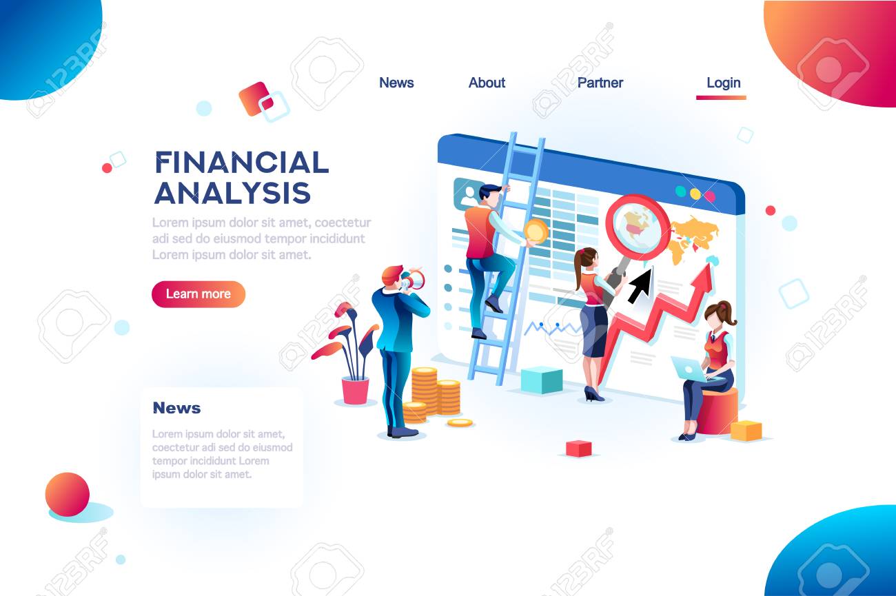 Finance analysts. Concept of analytics for website, small social presentation, magnifying infographic. Study global occupation concept with characters and text. Flat isometric vector illustration. - 108045464 Finance analysts. Concept of analytics for website, small social presentation, magnifying infographic. Study global occupation concept with characters and text. Flat isometric vector illustration. - 108045464