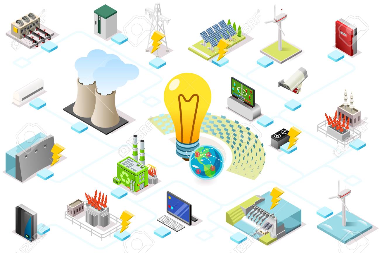 Power grid infographic, generating of power consumption. Energy element on line transmission. Station with high voltage socket. Flat isometric flowchart concept with characters. Vector illustration. - 109825459 Power grid infographic, generating of power consumption. Energy element on line transmission. Station with high voltage socket. Flat isometric flowchart concept with characters. Vector illustration. - 109825459
