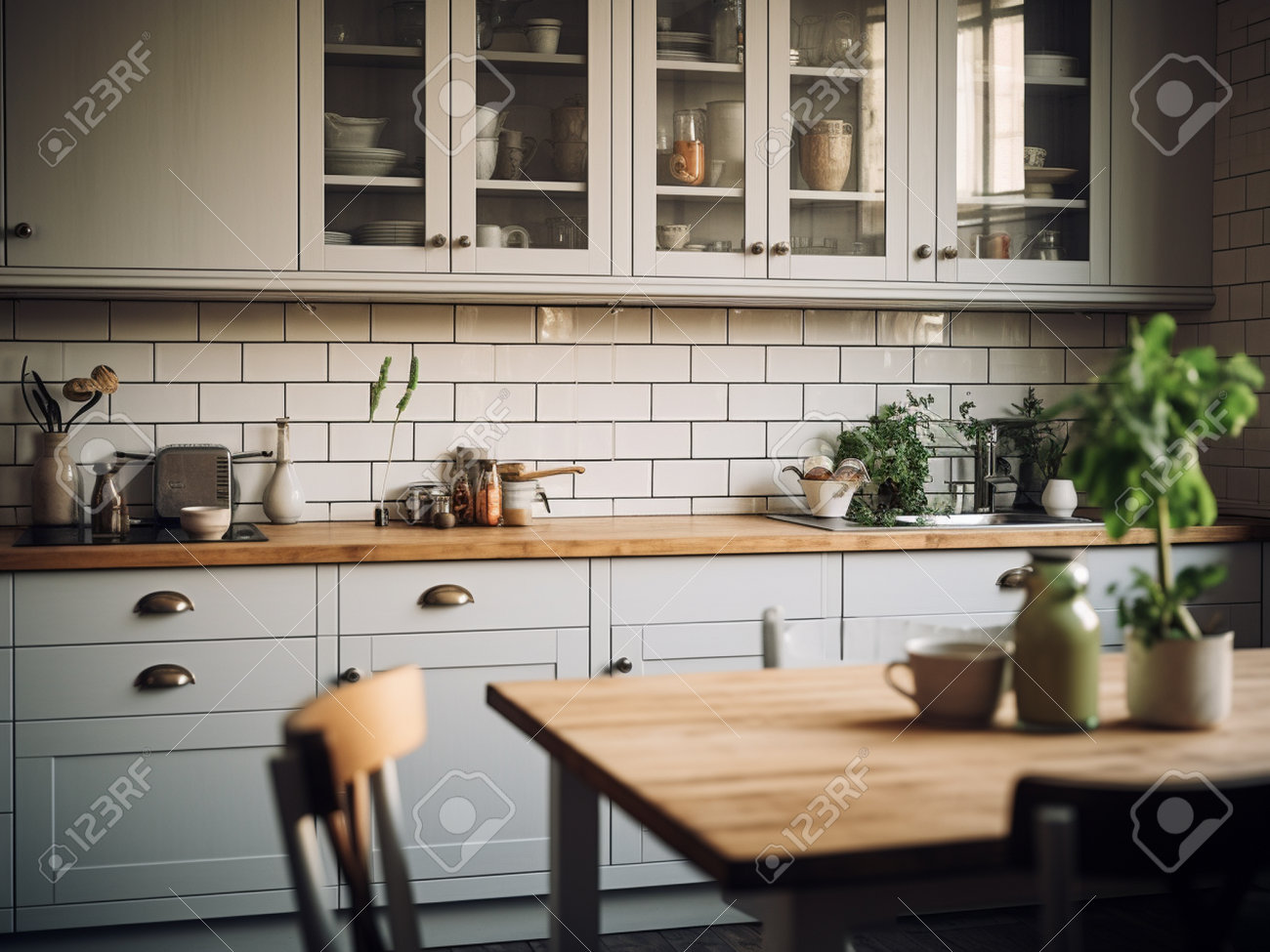 Interior Of Modern Kitchen With Wooden Countertop And White Brick Wall  Stock Photo, Picture and Royalty Free Image. Image 211215887., image size:1300x975