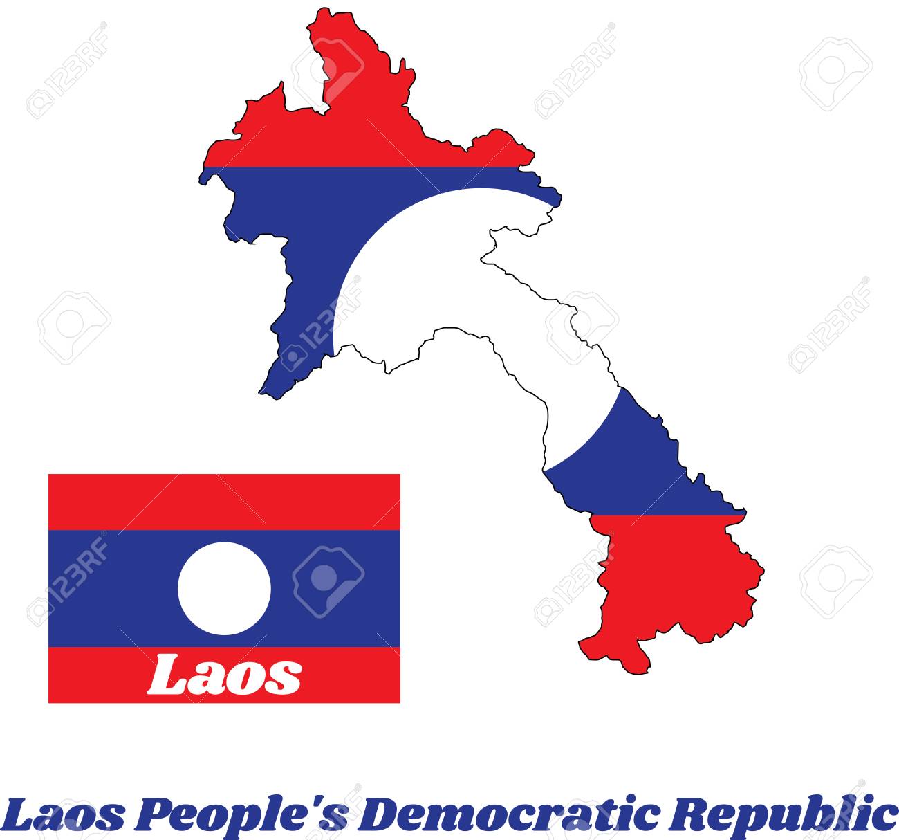 Map Outline And Flag Of Laos In Blue Red And White Circle Color