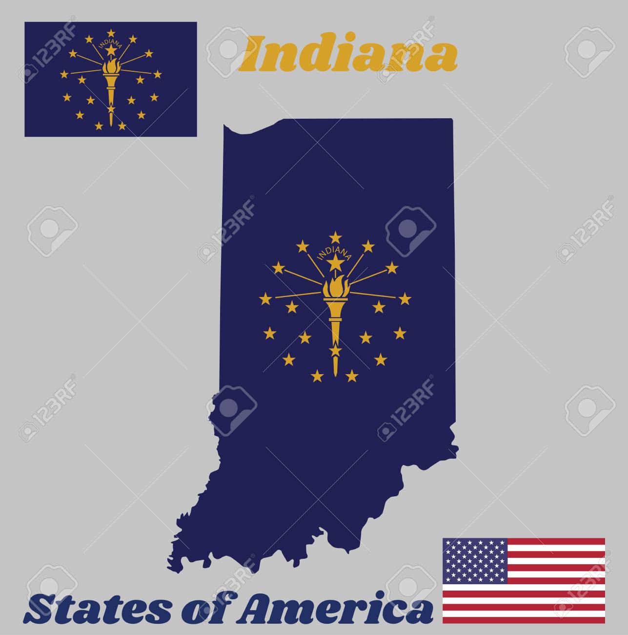 map outline and flag of indiana a gold torch surrounded by an half circle american flag