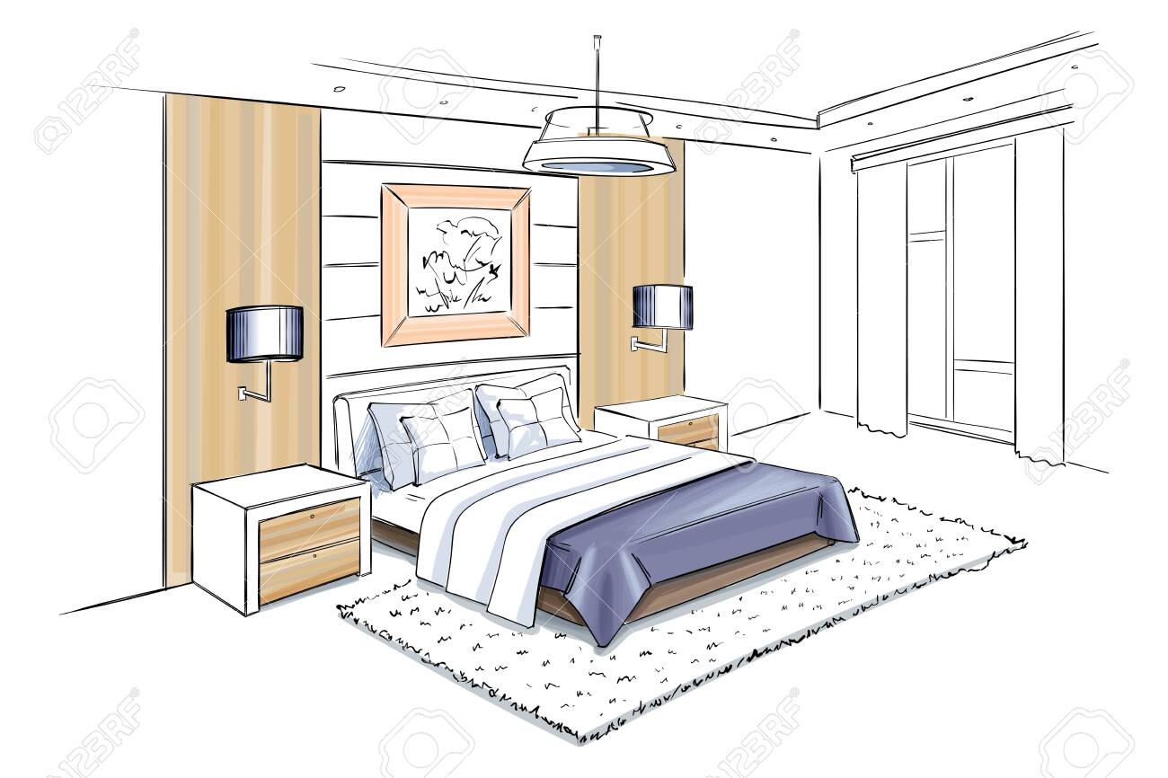 Vector Interior Sketch Design Of Bedroom. Royalty Free SVG, Cliparts,  Vectors, and Stock Illustration. Image 128738442., image size:1300x866