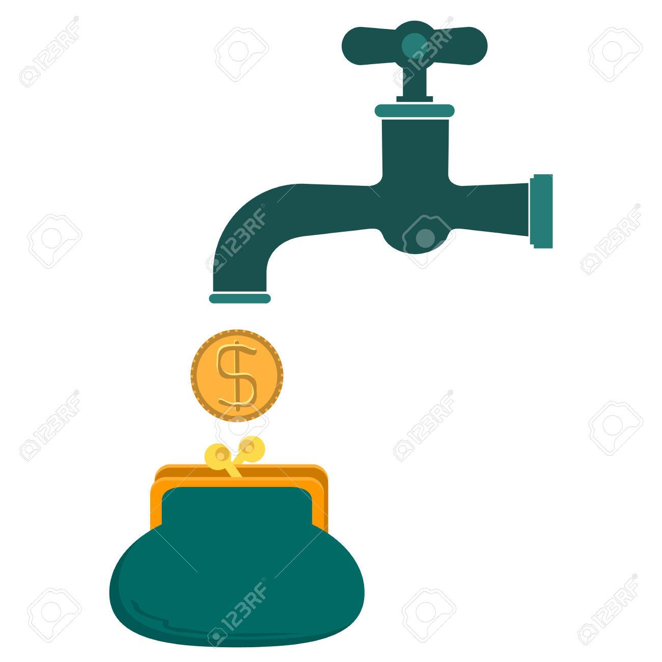 お金のコインが財布や財布に金色の蛇口から落ちるのイラスト素材・ベクター Image 47009682