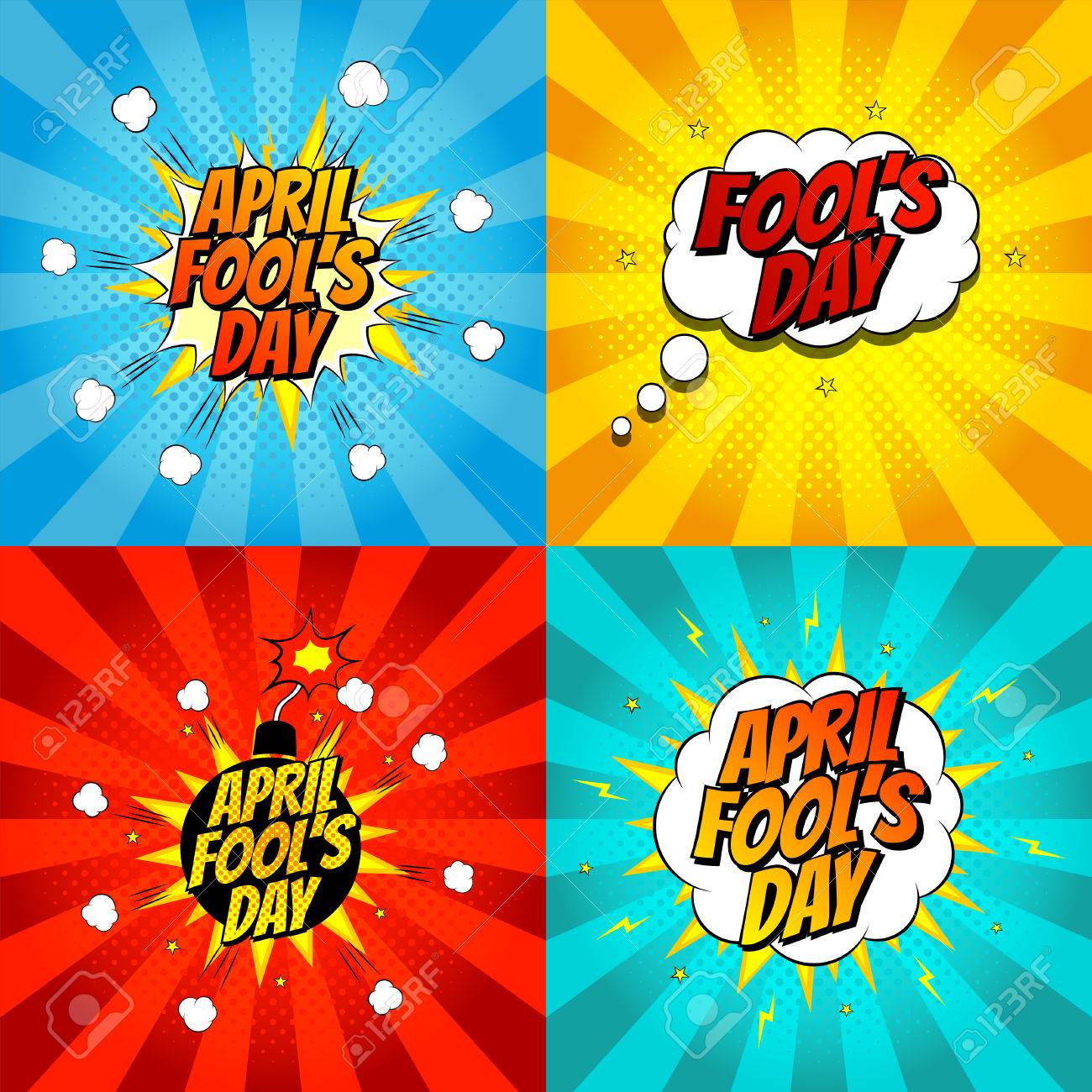 ベクトルの図 爆弾爆発でエイプリルフールのための背景の装飾セット のイラスト素材 ベクタ Image