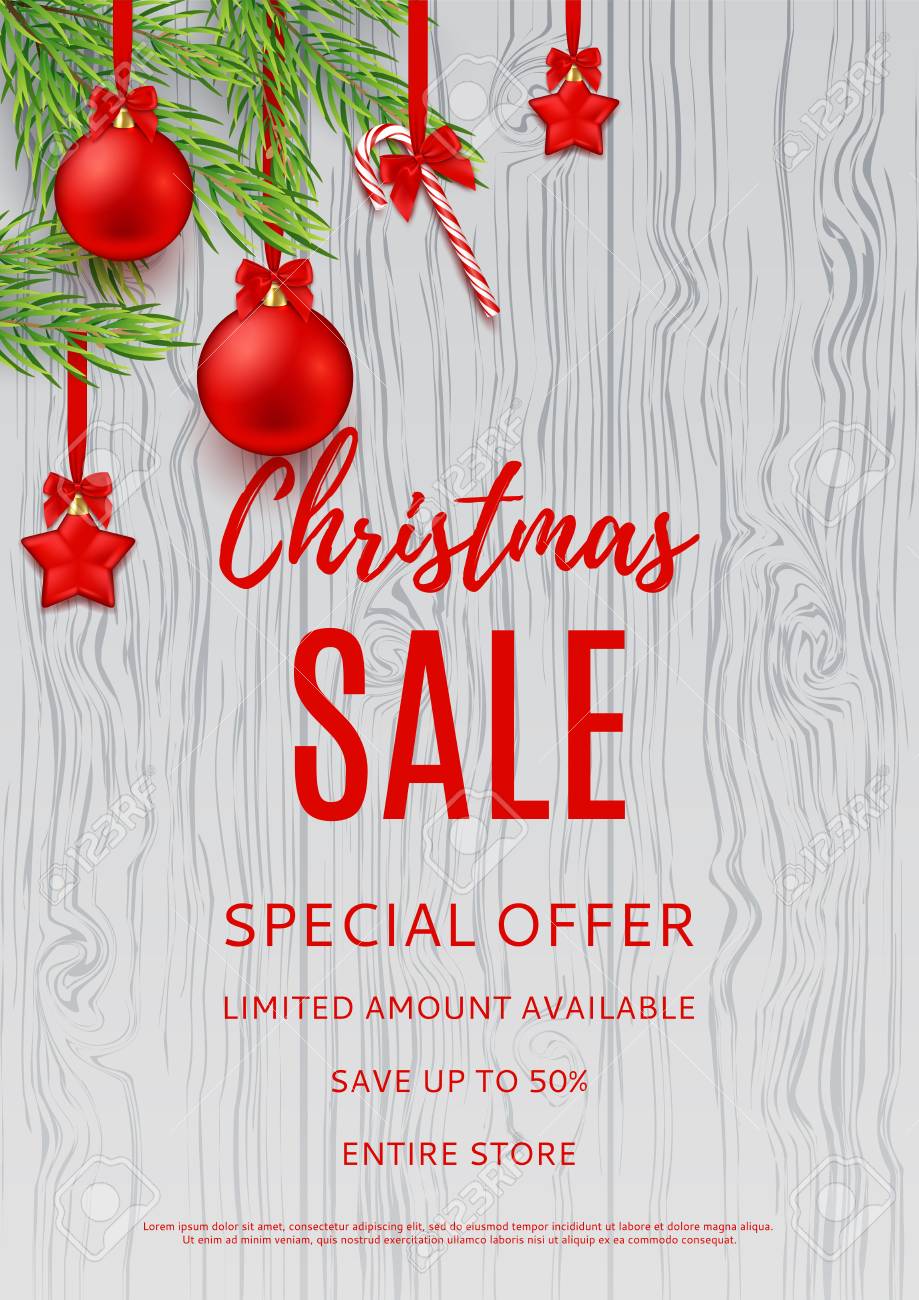 Seasonal Discount Poster For Business Design. Xmas Gift Card With Res  Balls, Stars And Candy Canes On Fir-Tree Branch. Vector Illustration.  Royalty Free Svg, Cliparts, Vectors, And Stock Illustration. Image 68036496.