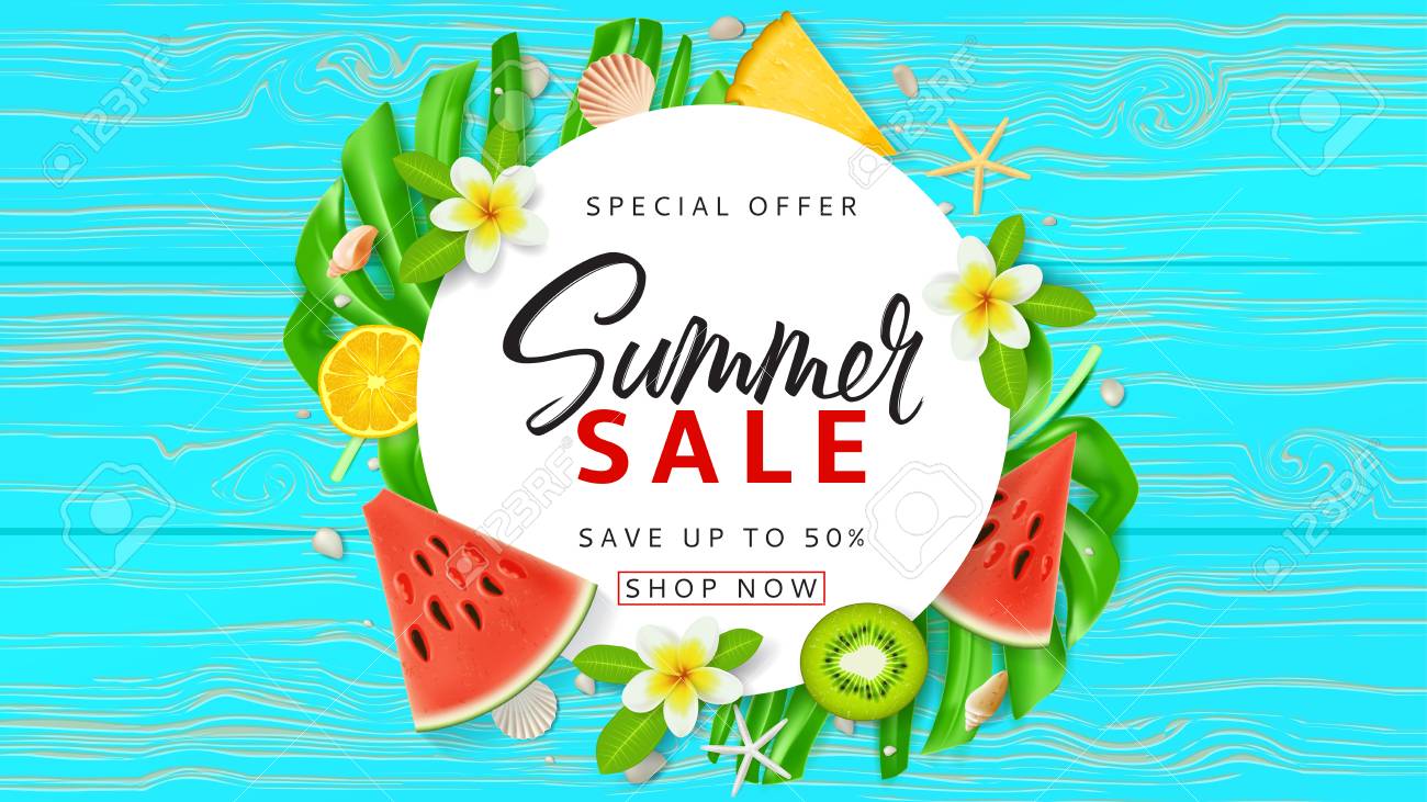 summer sale promo web banner top view on red sun glasses seashells