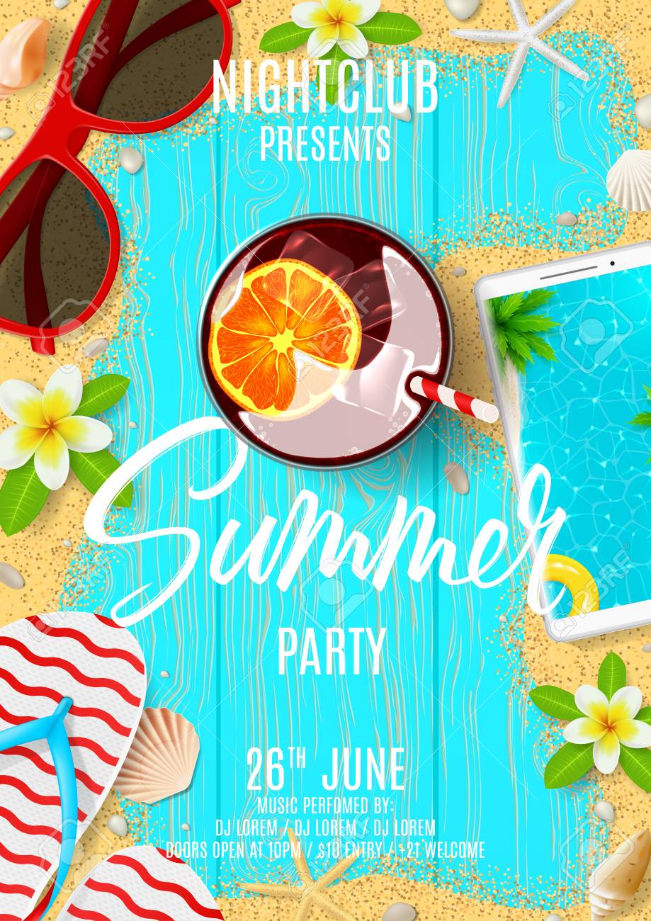 summer party flyer invitation top view on summer decoration