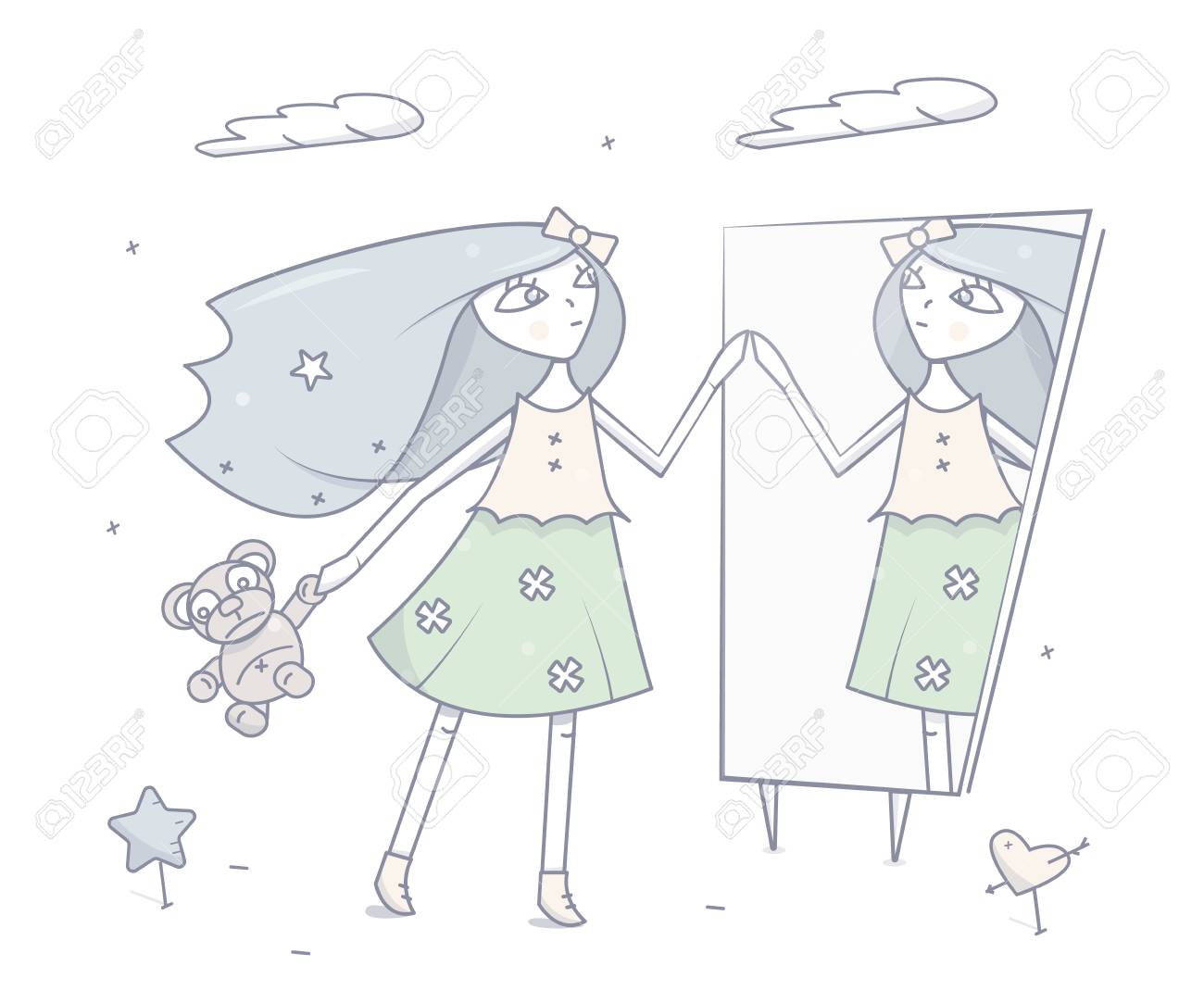 Happy Young Girl Standing In Front Of A Mirror Illustration On White Background Royalty Free Svg Cliparts Vectors And Stock Illustration Image