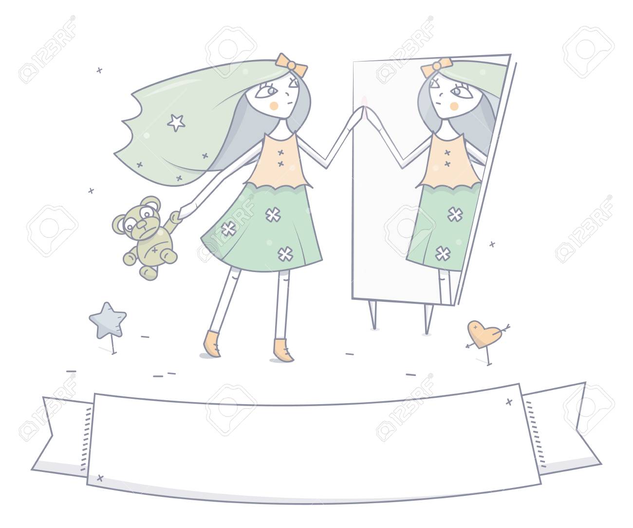 手にテディベアと若い幸せな女の子は 鏡の前に立っています 漫画のファッションキャラクター ベクトルイラスト のイラスト素材 ベクタ Image 9617