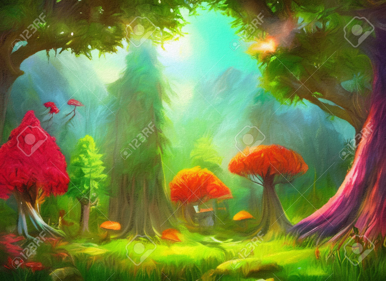 水彩画手描きイラスト 不思議なきのこの森で キノコと花と幻想的な