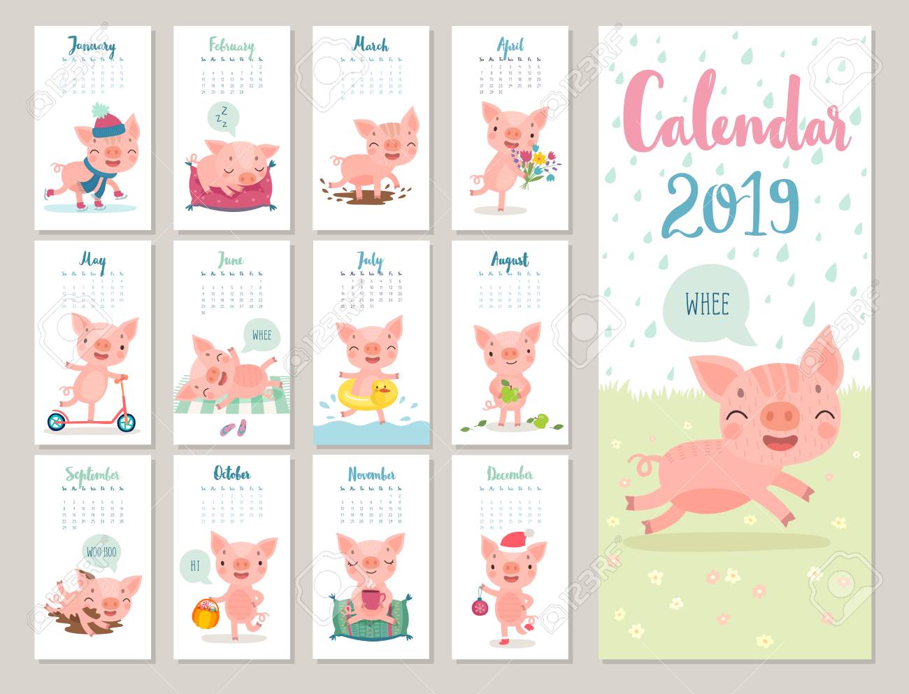 calendar 2019 cute monthly calendar with cheerful piggies hand theme calendar