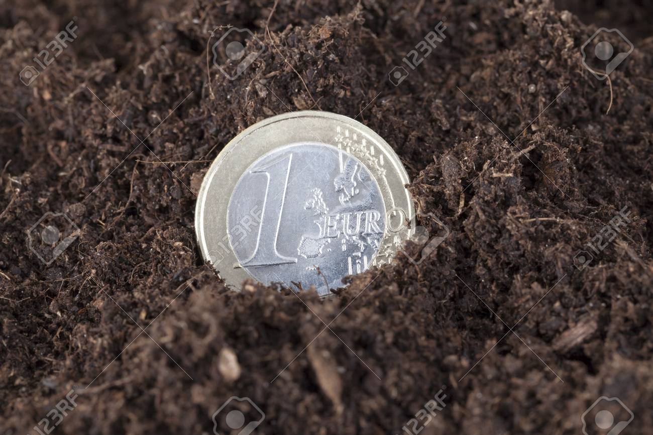 コイン1ユーロ埋もれたフィールド上の汚れた土壌に横たわって、クローズアップの写真素材・画像素材 Image 107309958