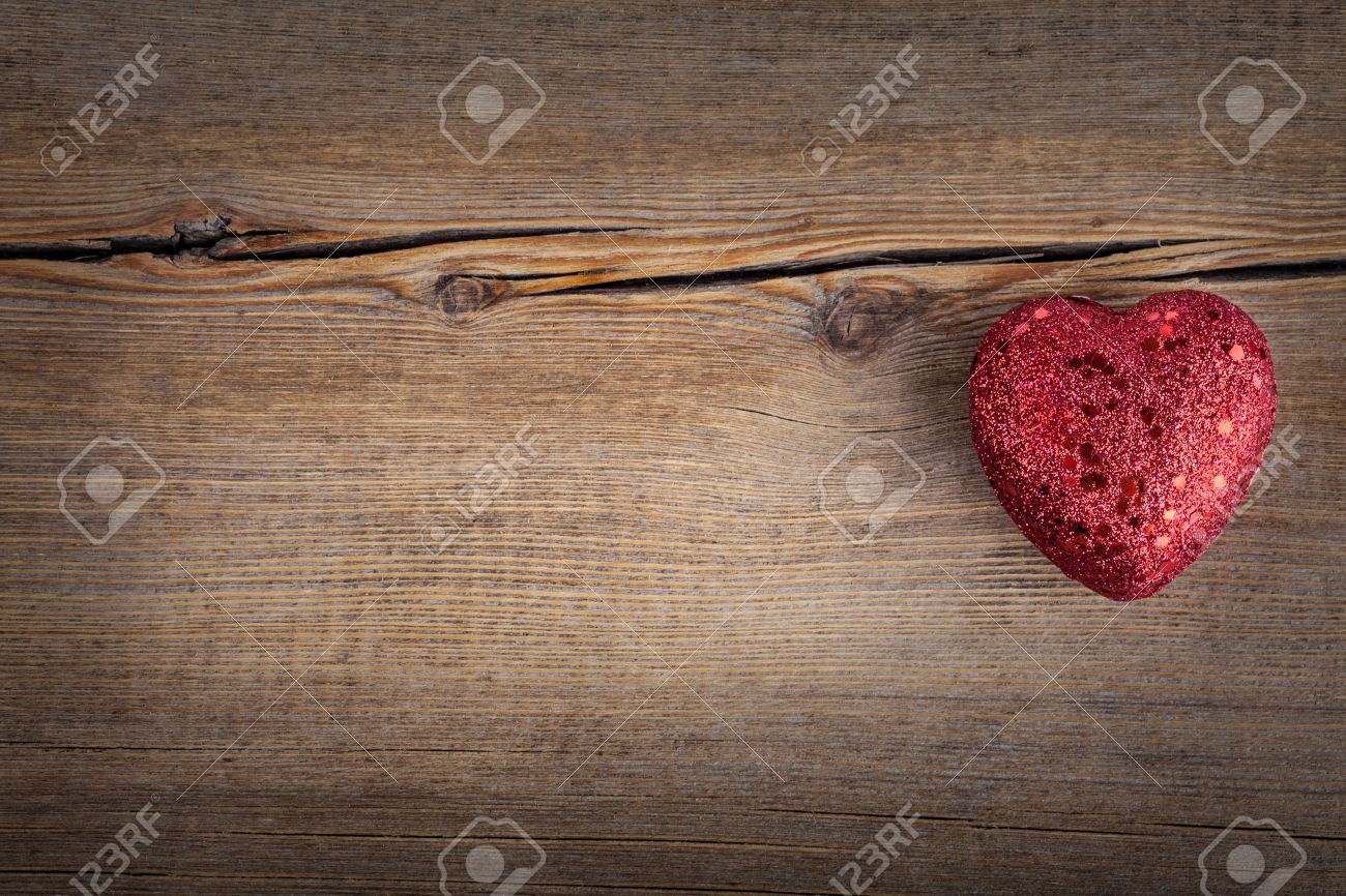 Red Heart Over Rustic Wooden Background Texture Close Red Heart Over Rustic Wooden Background Texture Close