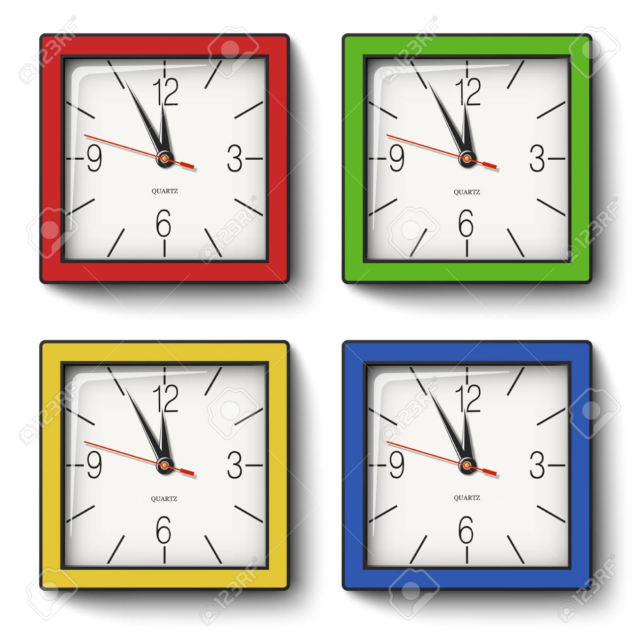 Collection Of Square Wall Clocks In Red Green Yellow Blue Royalty Free Cliparts Vectors And Stock Illustration Image 112235040
