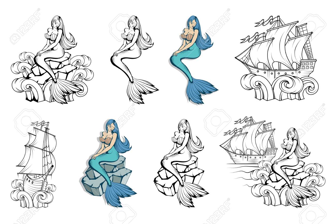 マーメイドセット。マジックワールドイラスト。手描きの人魚