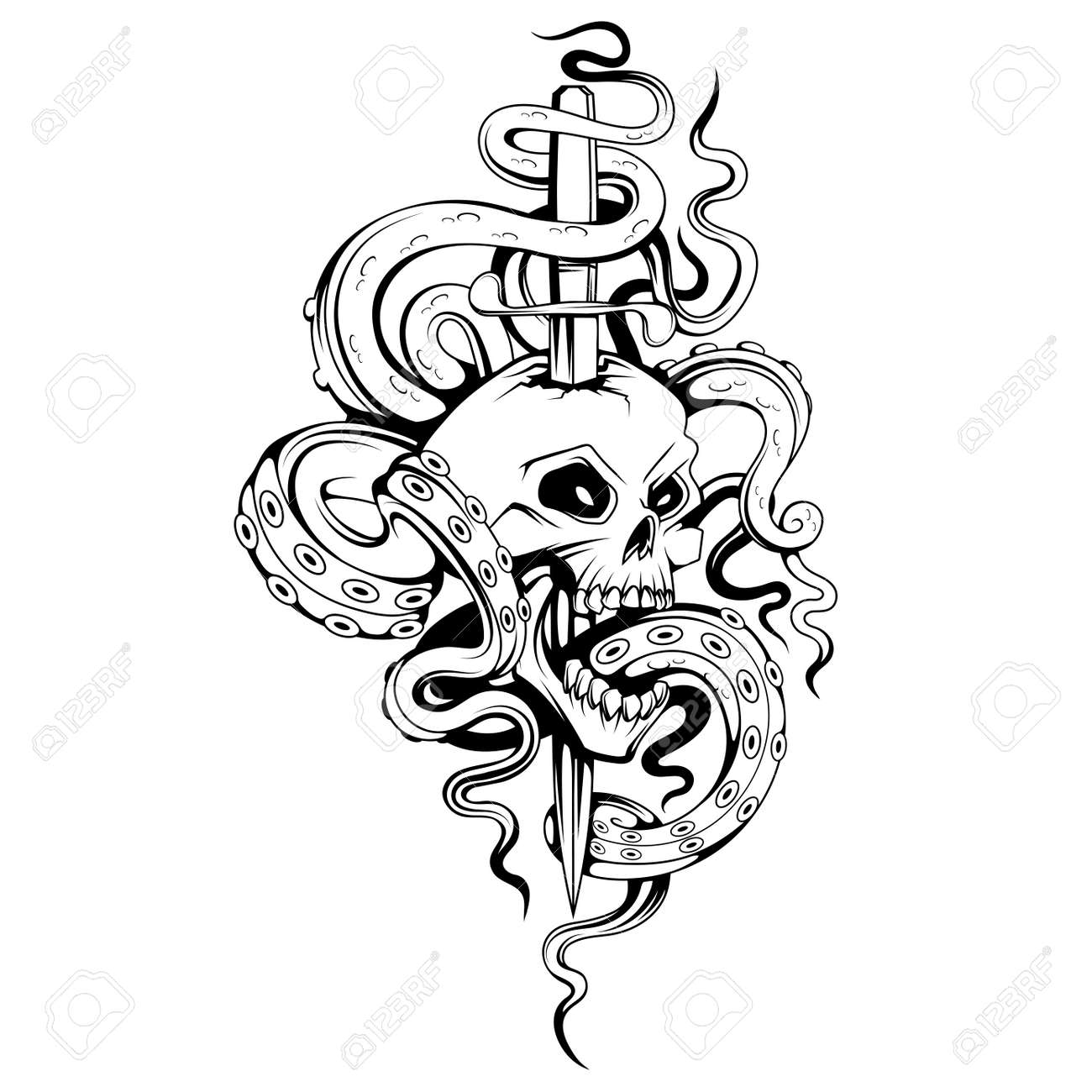 Kraken Sea Monster Tattoo. Sea Dagger. Skull Open Mouth Drawing. Emblem  Tattoo Skull. Retro Human Skull And Jaw. Vector Graphics To Design Royalty  Free SVG, Cliparts, Vectors, and Stock Illustration. Image 166847027., image size:1300x1300