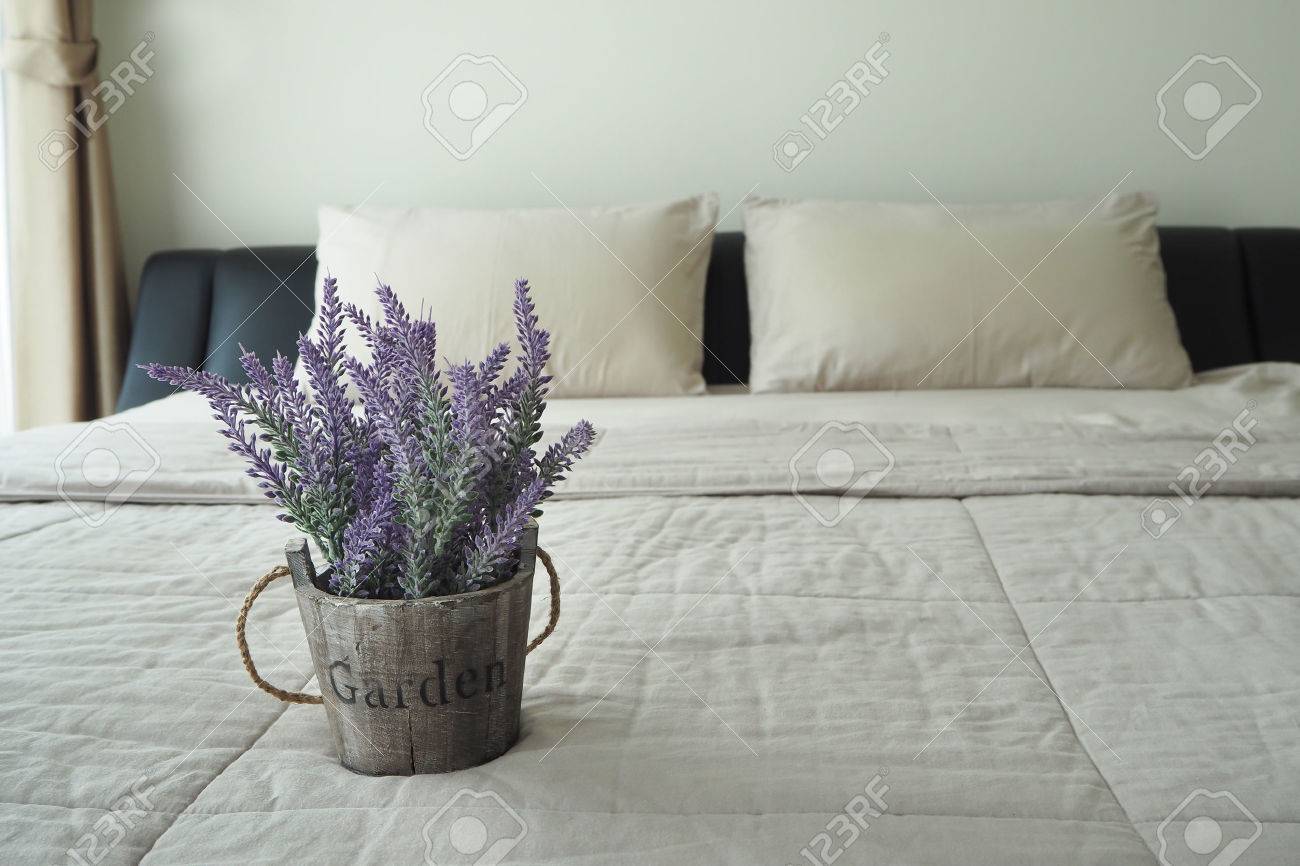 Purple Lavender Flower On White Bed At Bedroom