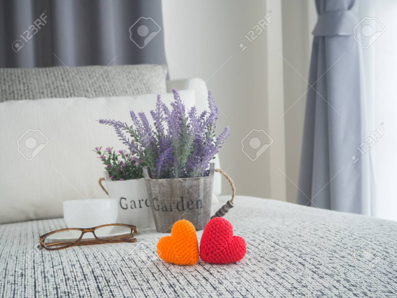 Bed With Couple Heart Shape Sign Purple Lavender Flower On Pot