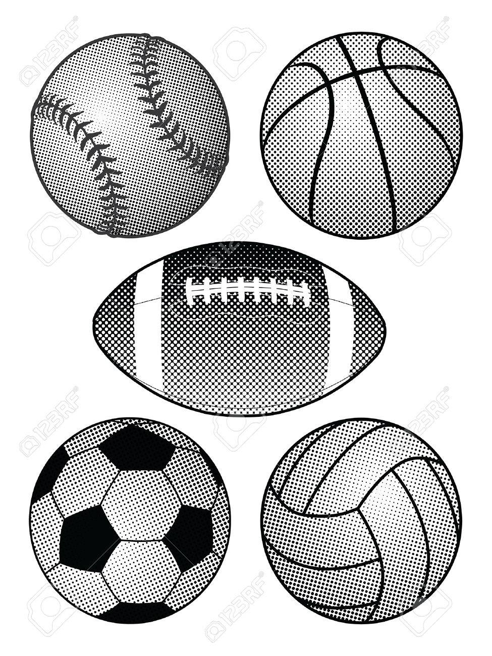 Mezzitoni Sport Balls è Un Esempio Di Una Palla Da Baseball Basket Calcio Pallone Da Calcio E Pallavolo In Stile Mezzitoni In Bianco E Nero