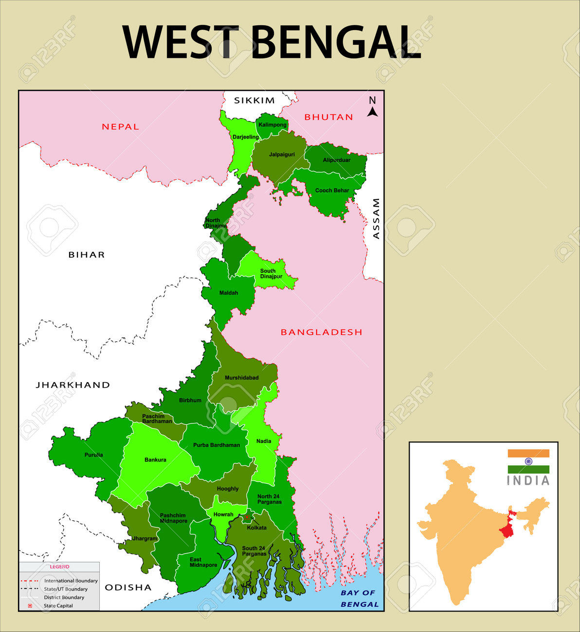 West Bengal Map. Showing District Boundary Of Punjab. Vector Illustration  Of Districts Map Of West Bengal. Colorful Map. Клипарты, SVG, векторы, и  Набор Иллюстраций Без Оплаты Отчислений. Image 168900670