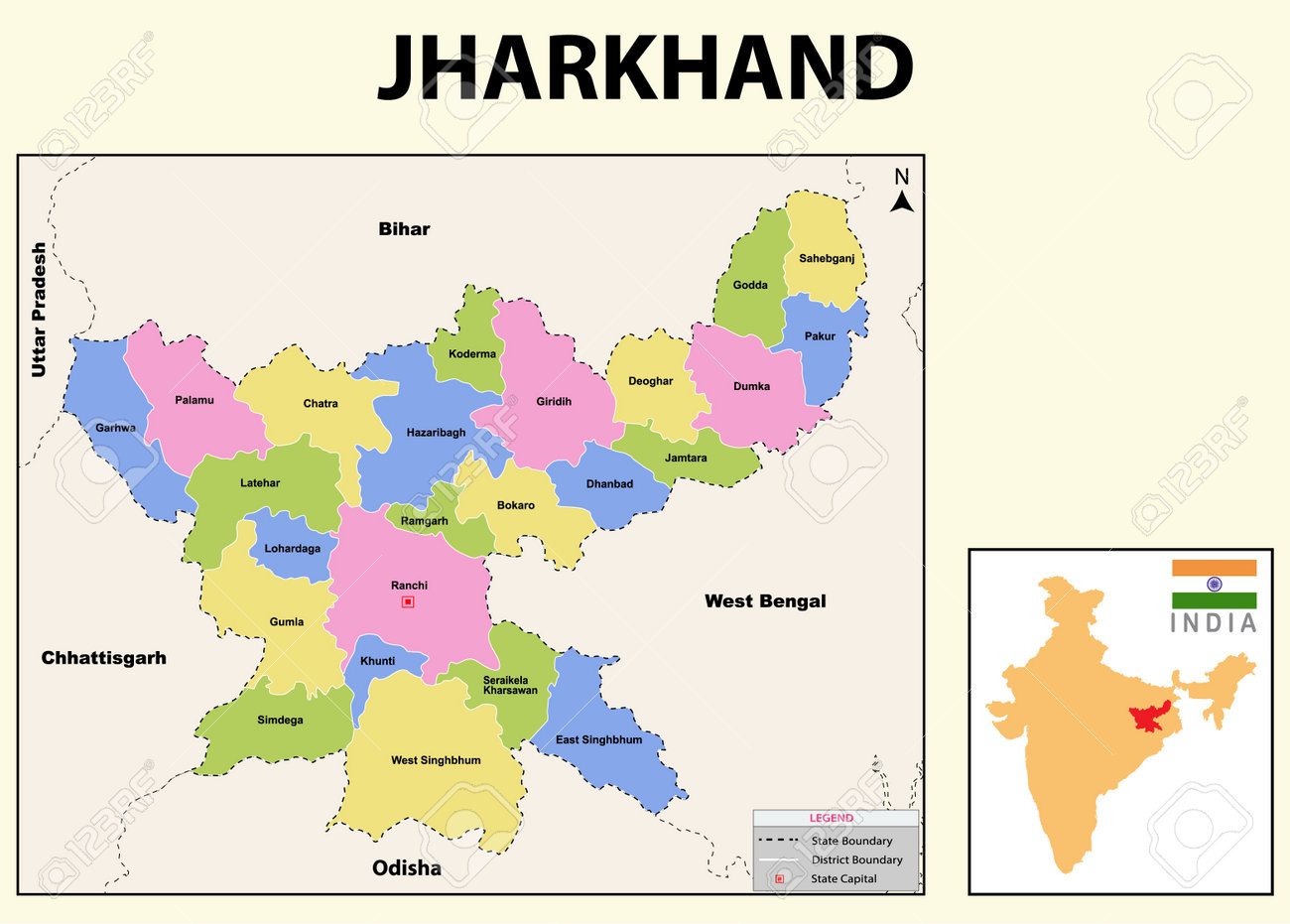 Jharkhand Map. Showing State Boundary And District Boundary Of Jharkhand. Political And Administrative Colorful Map Of Jharkhand With Districts Name. Royalty Free SVG, Cliparts, Vectors, and Stock Illustration. Image 168900827.