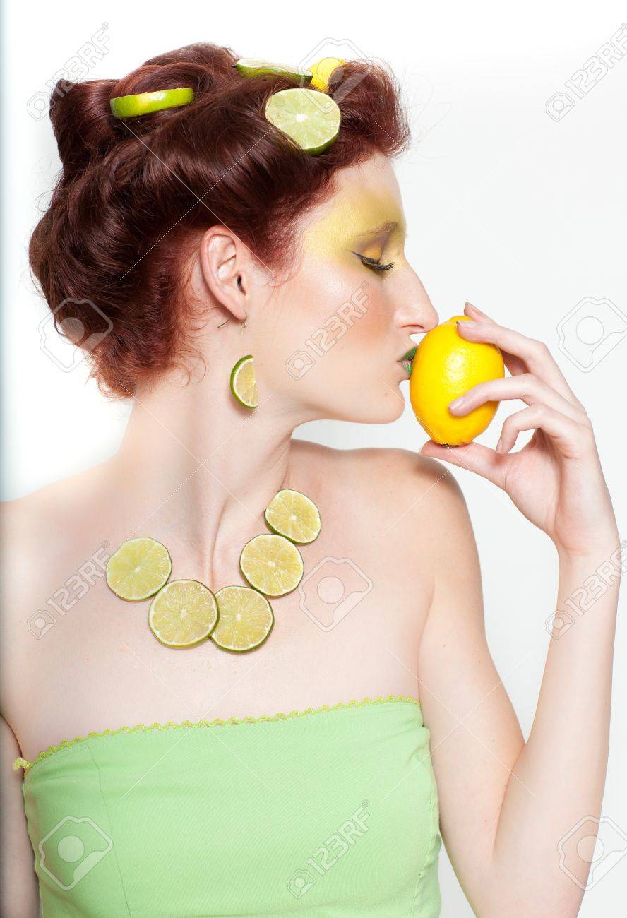 Beautiful Woman In Lemon Lime Creative Makeup With Real Fruit Stock Photo Picture And Royalty Free Image Image