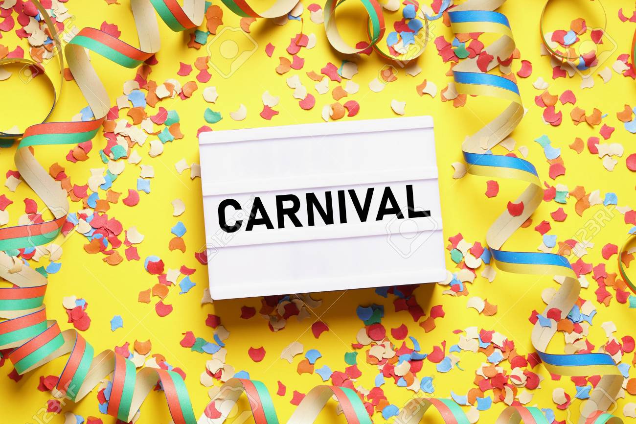 carnival flat lay with text on light box sign confetti and streamers - 122167421 carnival flat lay with text on light box sign confetti and streamers - 122167421