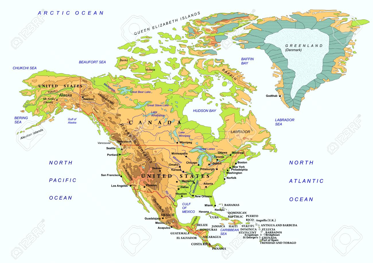 North America Physical Map With Names Of Geographical Objects Royalty Free Cliparts Vectors And Stock Illustration Image 53975781