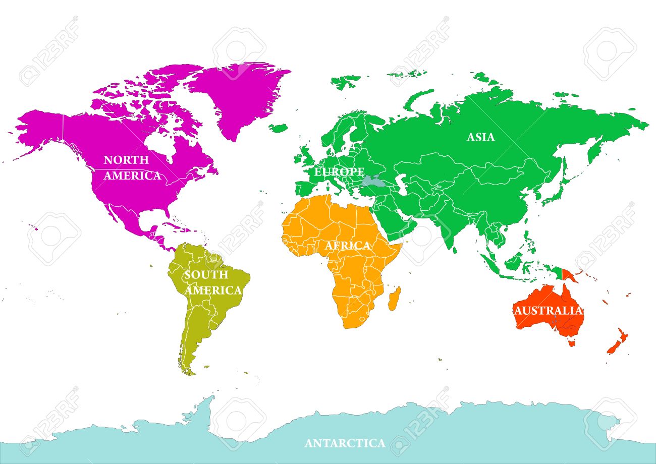 Seven Continents World Map. North America, South America, Europe, Africa, Asia, Australia And Antarctica. Detailed Map With Shorelines And National Borders. Vector Illustration, Isolated On White Royalty Free Cliparts, Vectors, And Stock