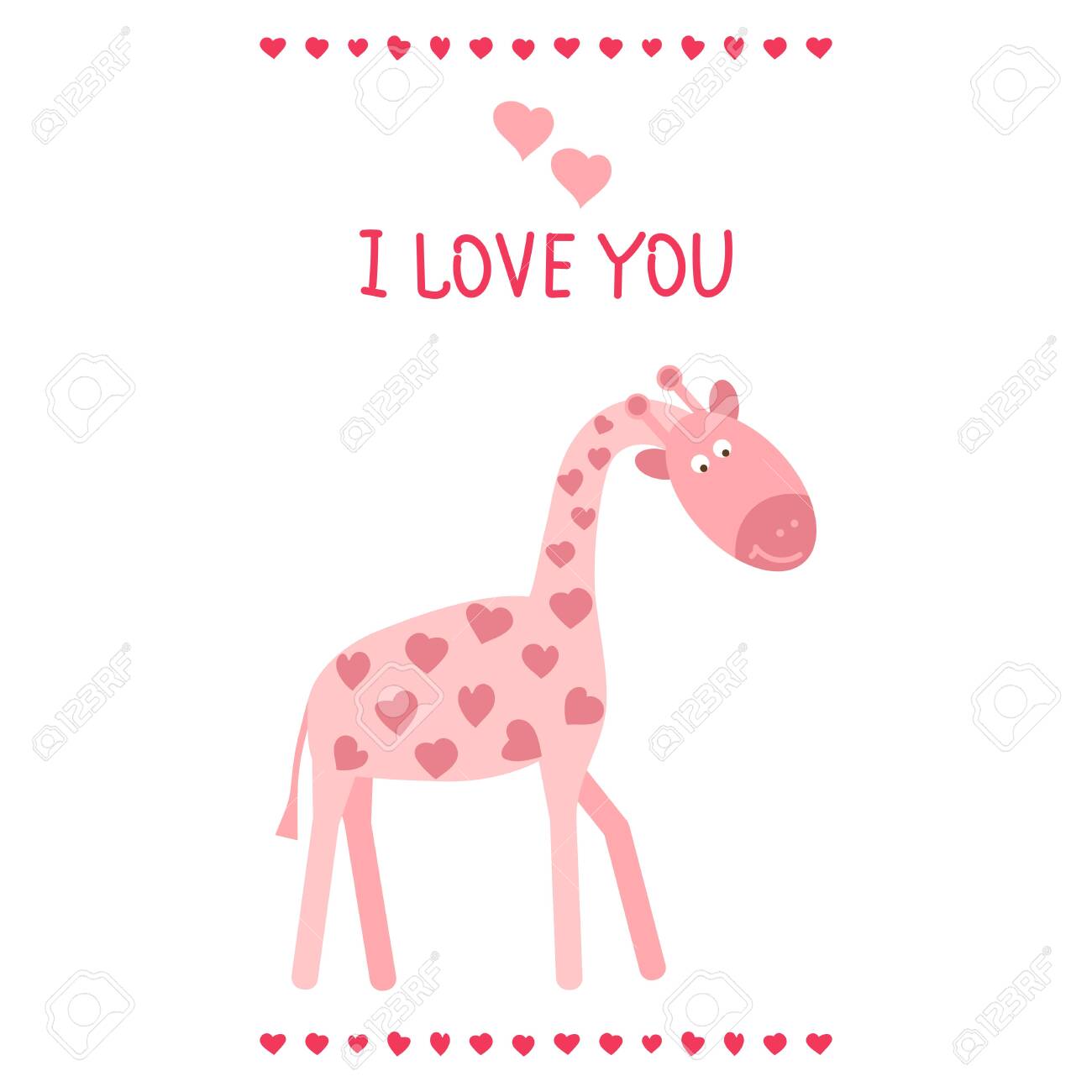 Vector Color Cute Poster Print Postcard With Pink Giraffe With Hearts The Words I Love You On A White Background Hand Drawn Illustration For Valentine S Day Birthday And More Royalty Free