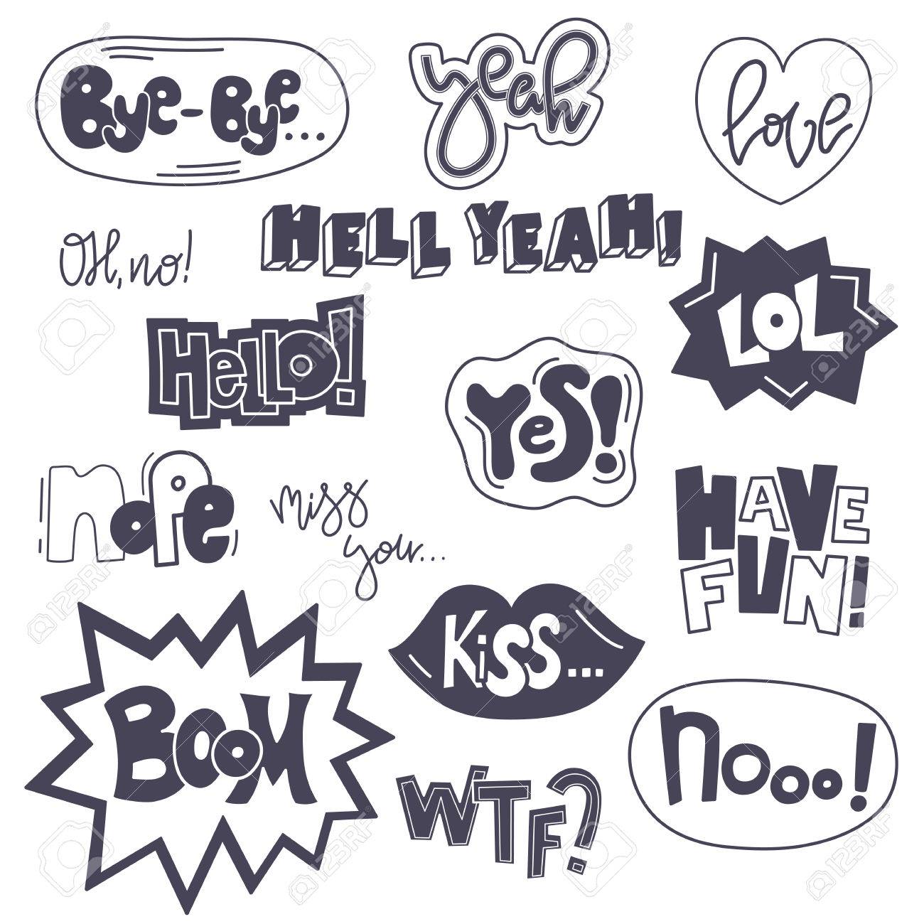 set of cute words in doodle style cartoon speech bubble collection design in words