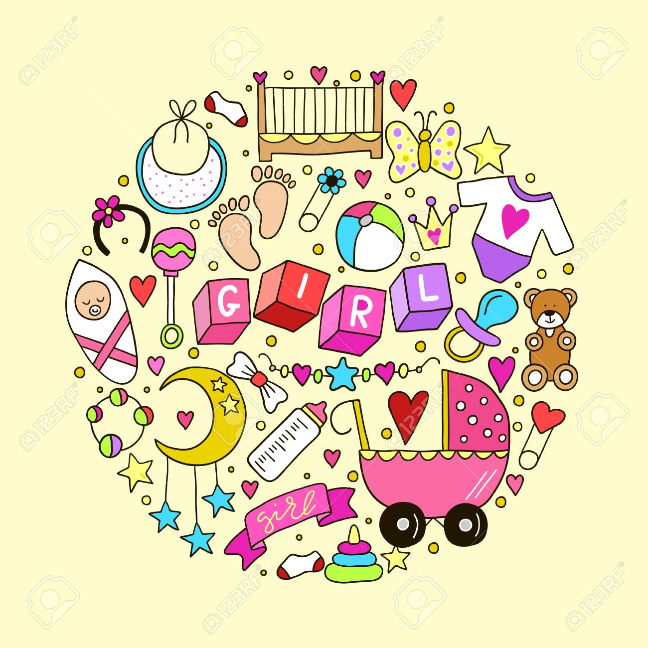 女の赤ちゃんは関連サークル形で分離されたステッカー アイコンのコレクションです かわいいシンボル デザイン 子供が描かれたイラスト 赤ちゃんはシャワー スクラップ ブックのセット 新生児の要素 ボトルのまぐさ桶のテディベアのおもちゃ衣類 のイラスト素材