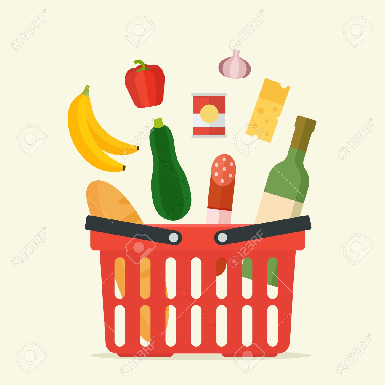 それに流れる製品とスーパー マーケットのバスケット 食品バスケットのベクター イラストです スーパーの買い物の概念 新鮮な果物や野菜の買い物かご 食料品の買い物 のイラスト素材 ベクタ Image