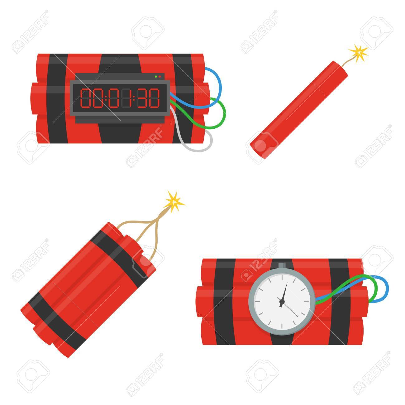 フラット スタイルでダイナマイト爆弾ベクトルのアイコンを設定します バック グラウンドから分離された非常に熱い棒 Fitelem とタイマーと ダイナマイトの束と爆弾をインストールしました ダイナマイトの爆発や爆発させるつもりです のイラスト素材 ベクタ Image