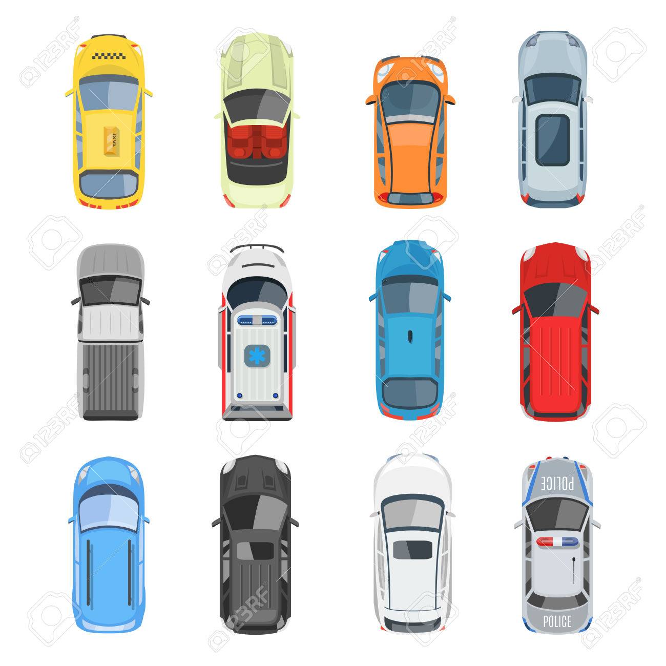 Set of car top view vector set. Different city vehicle transport views from the air or from the bird's eye. Isolated icons of auto cars from above in flat style. - 77984265 Set of car top view vector set. Different city vehicle transport views from the air or from the bird's eye. Isolated icons of auto cars from above in flat style. - 77984265