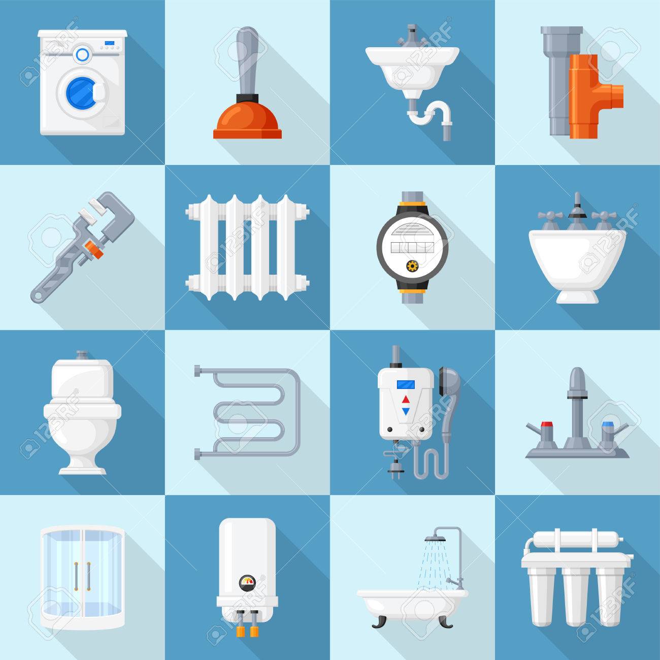 plumbing cartoon set supplies and fixtures service for home