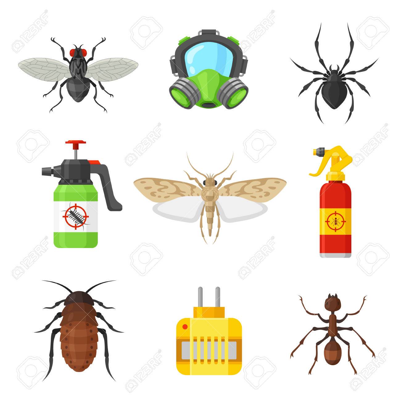 ペスト コントロールのセット 家庭やオフィスの保護サービス 効果的な化学は 衛生的な環境では 家の害虫無料用ツールします ベクトル フラット スタイル漫画図では 白い背景で隔離のイラスト素材 ベクタ Image