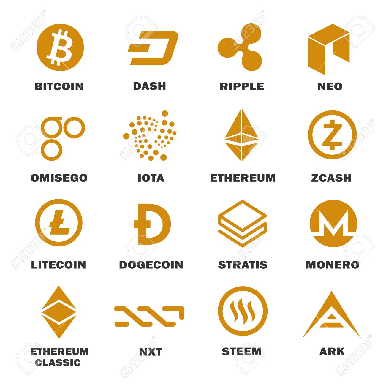 Cryptocurrencies のロゴを設定します。社会投資と金融システム ネットワークのデジタルまたは仮想通貨。白い背景に分離されたベクトル  フラット スタイル漫画イラストのイラスト素材・ベクター Image 88496618