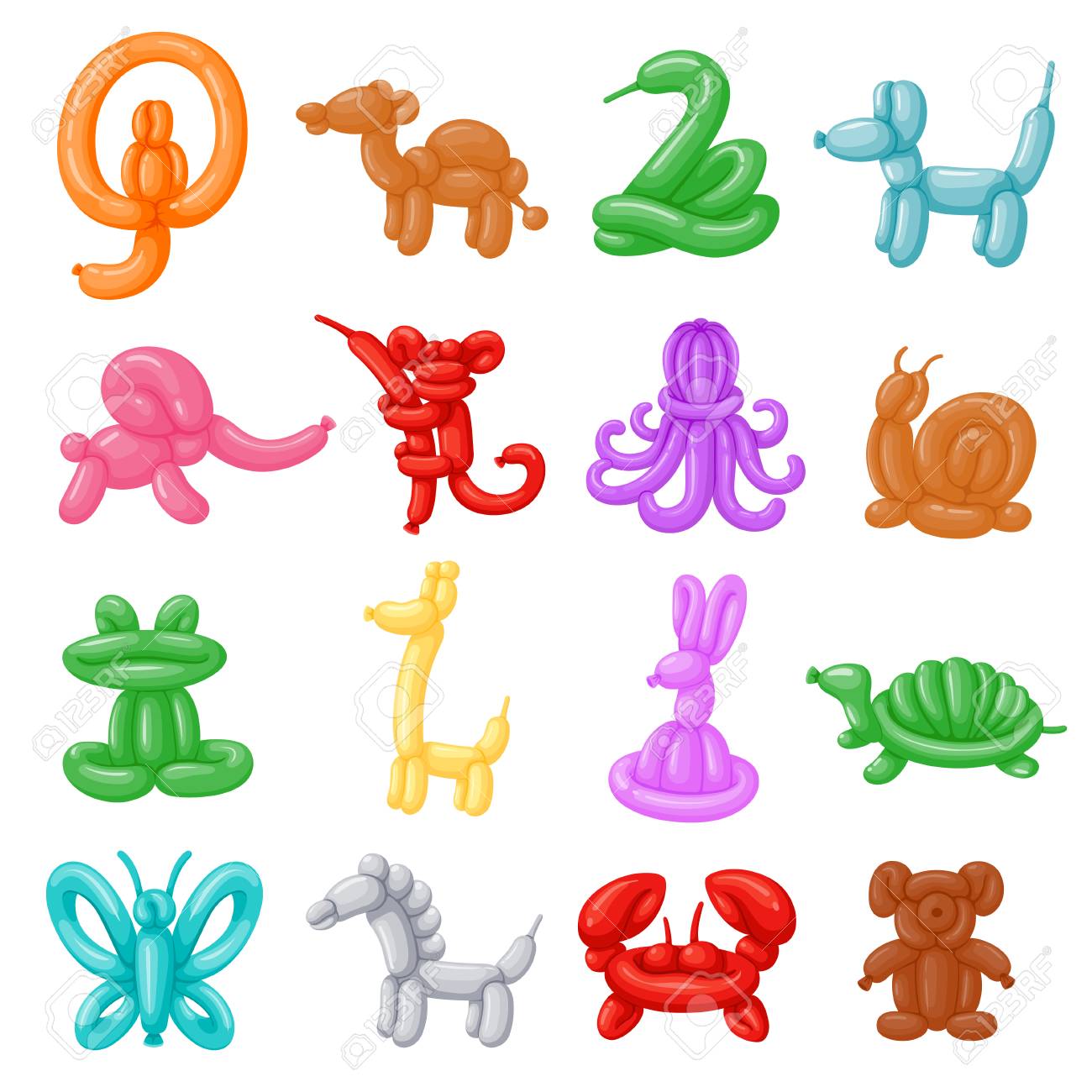 Ballontiere Eingestellt. Verdrehte Helle Nette Spielwaren Für Kinderpartei  Und Festival, Ballon, Der Kunst Modelliert. Vector Die Flache  Artkarikaturillustration, Die Auf Weißem Hintergrund Lokalisiert Wird  Lizenzfrei Nutzbare Vektorgrafiken, Clip Arts ...