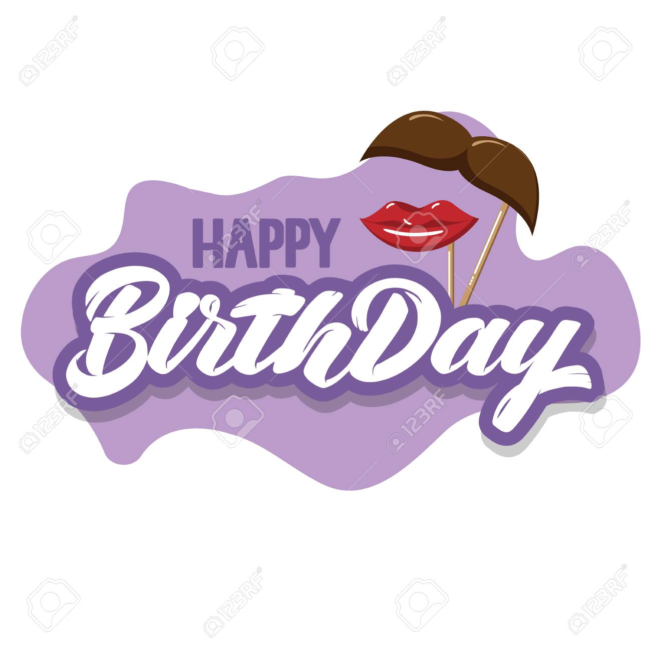 lettering lips and moustache Happy drawn hand birthday with icon..