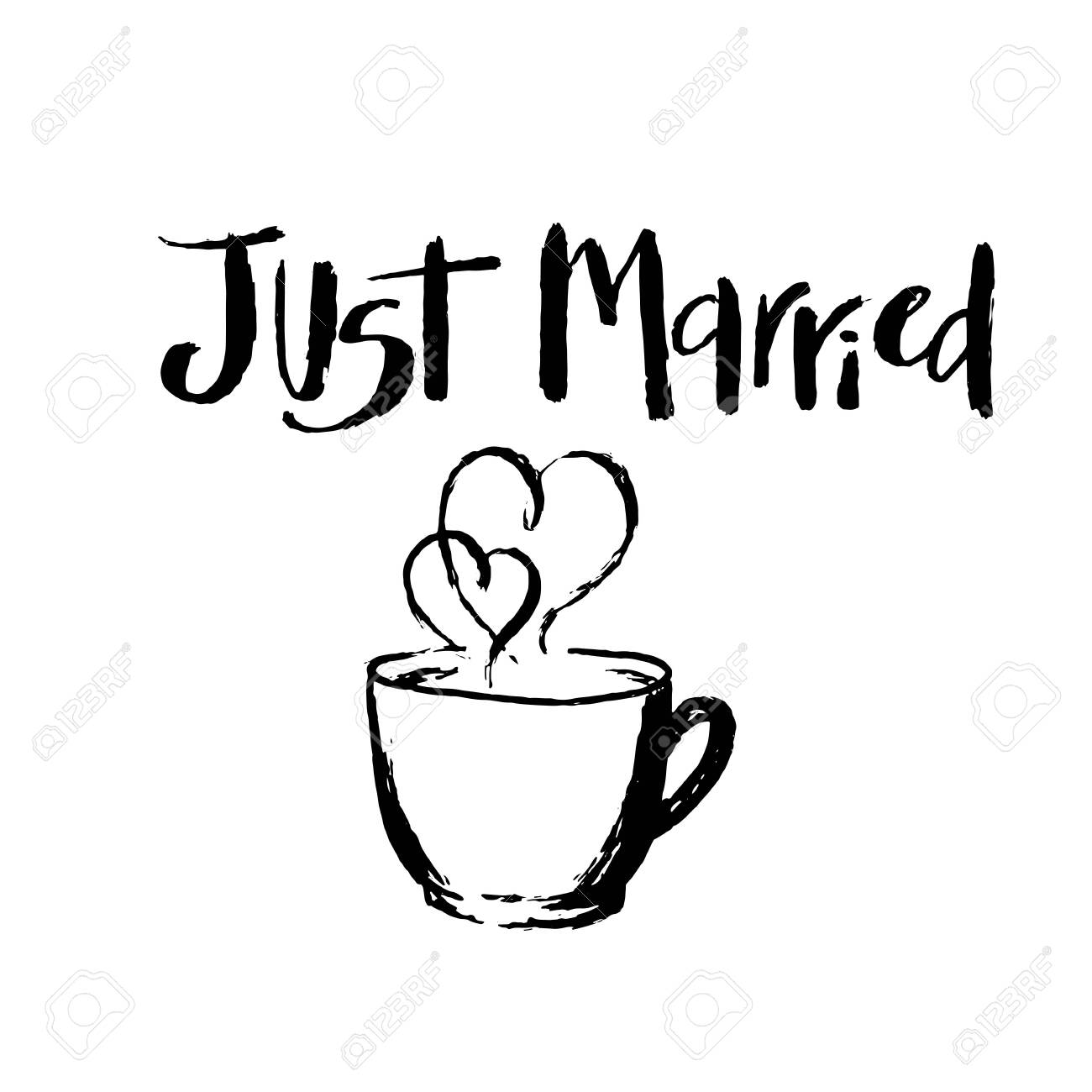 Just Married Hand Drawn Letteringwith Hot Cup With Hearts Aroung