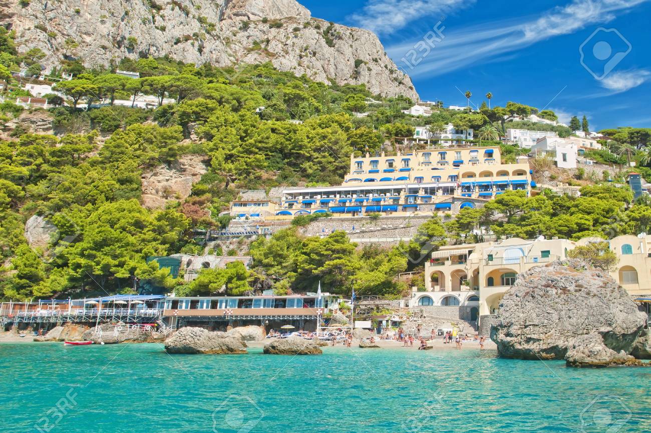 View Of Marina Piccola Beach From Sea With Mountain Hotels And