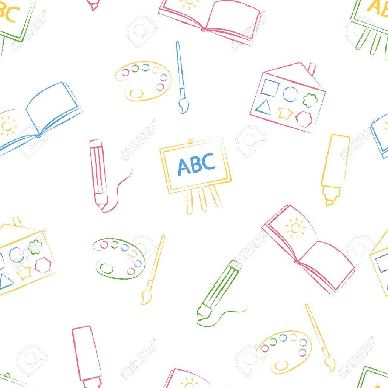 seamless pattern with color children s chalk drawings on white