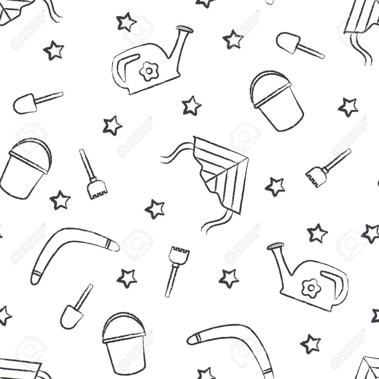 白い背景の上のシームレスなパターン暗いグレー子供のクレヨン絵 手描きスタイル 凧 頭 ブーメラン 星 バケツ スコップ 熊手のイメージとのシームレスなベクトルの壁紙のイラスト素材 ベクタ Image 54702966